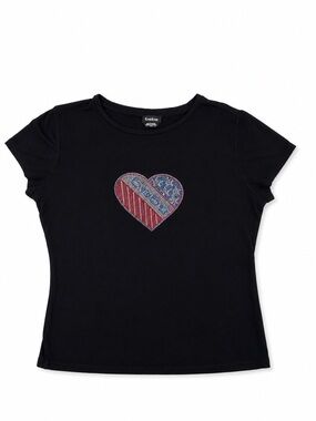 Bebe Black Bling Rhinestone American Flag Heart Baby Tee Patriotic Y2K Fitted XL
